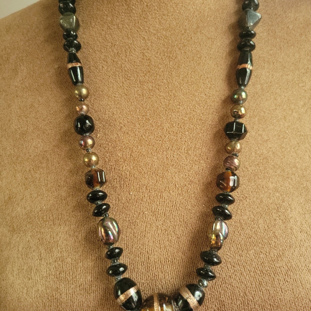 Vintage Mixed Glass Pearl Beaded Necklace Black Bronze 24 Inch Whimsical